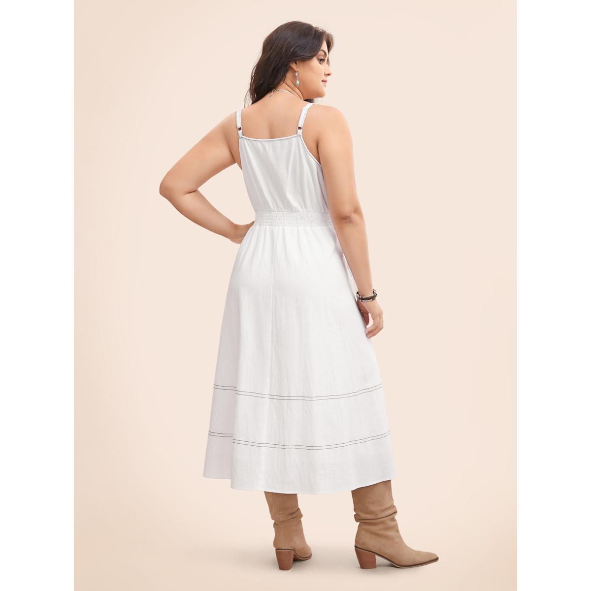 Plus Size Hollow Front Button Detail Flare Maxi Dress Originalwhite Women Resort Topstitching V-neck Sleeveless Curvy BloomChic 12/L Product Image