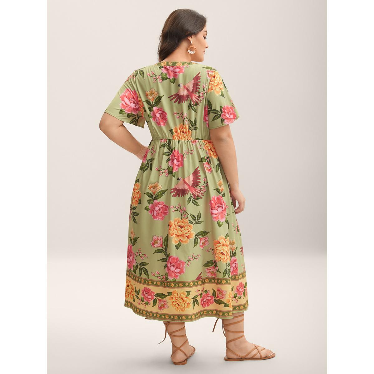 Plus Size Floral Contrast Hem Split Neck Midi Dress Sage Women Flat collar with V-notch Short sleeve Curvy BloomChic 28/5X Product Image