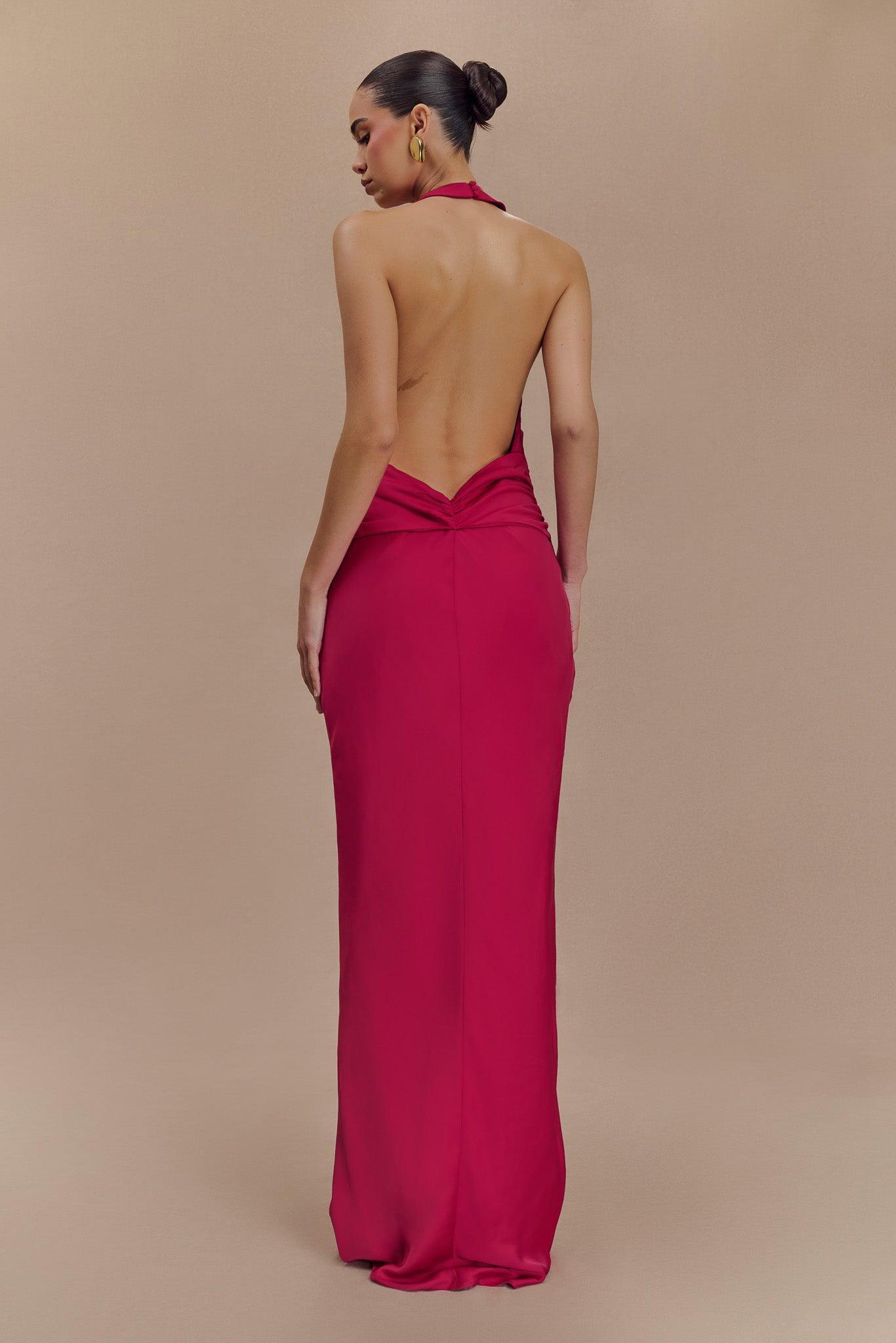 Rinna Satin Halter Maxi Dress - Pink Cherry Product Image