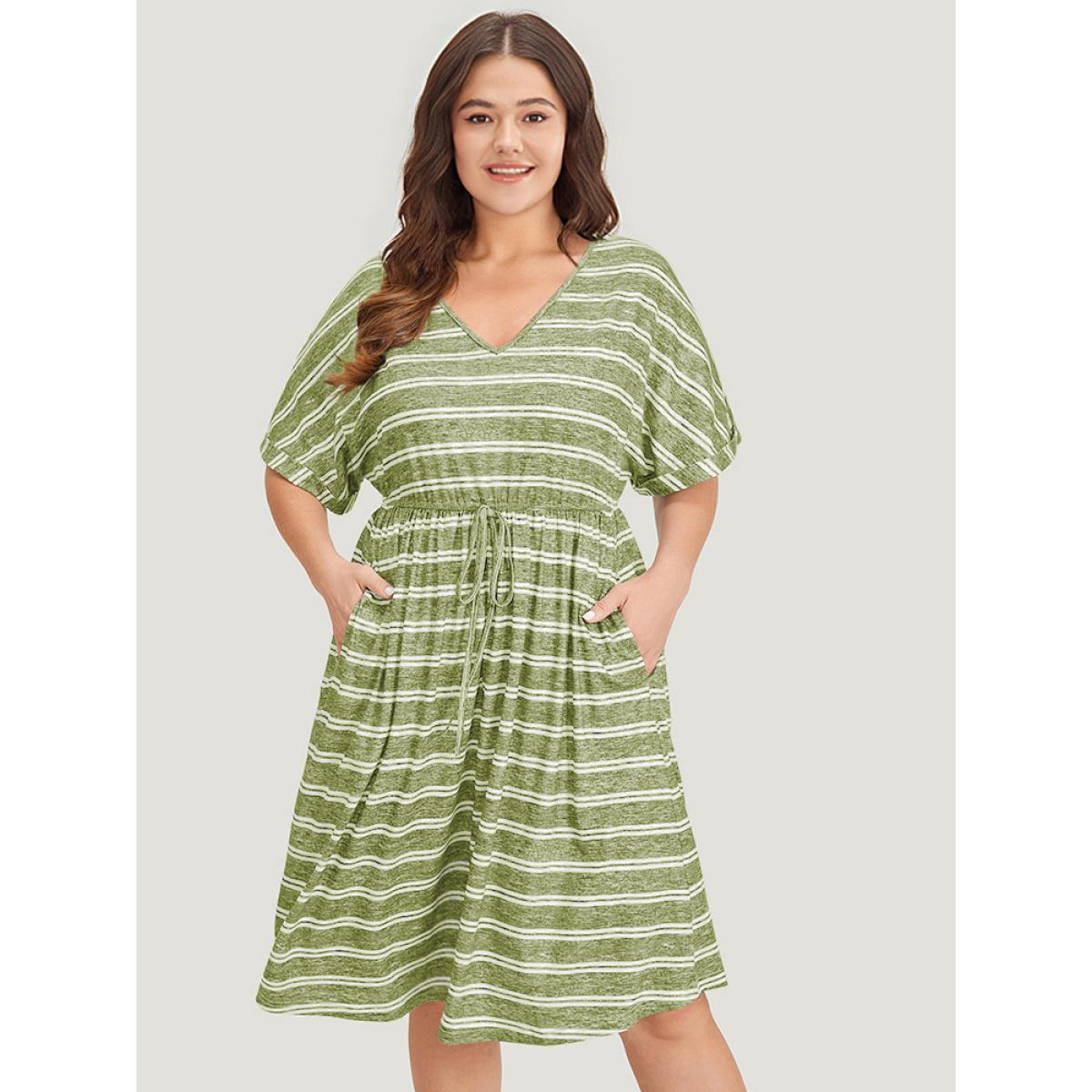 Plus Size Striped Ties Pocket Roll sleeve Dress LightGreen Women Casual Cross straps V-neck Short sleeve Curvy Midi Dress BloomChic 26/4X Product Image