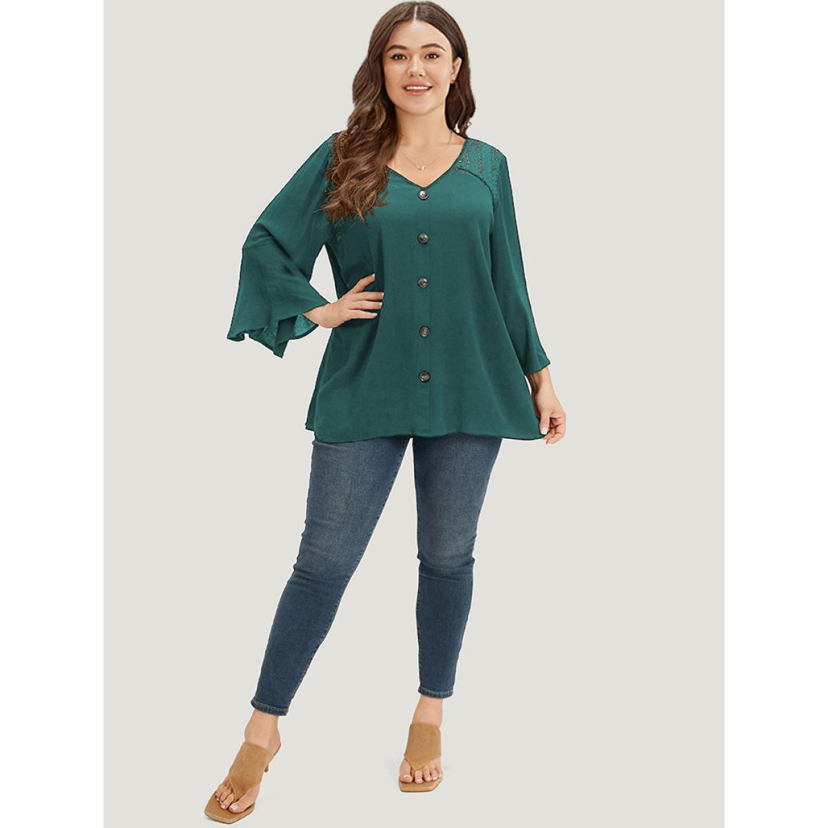 Plus Size Emerald Plain Crochet Lace Button Detail Bell Sleeve Blouse Women Elegant Elbow-length sleeve V-neck Dailywear Blouses BloomChic 26/4X Product Image
