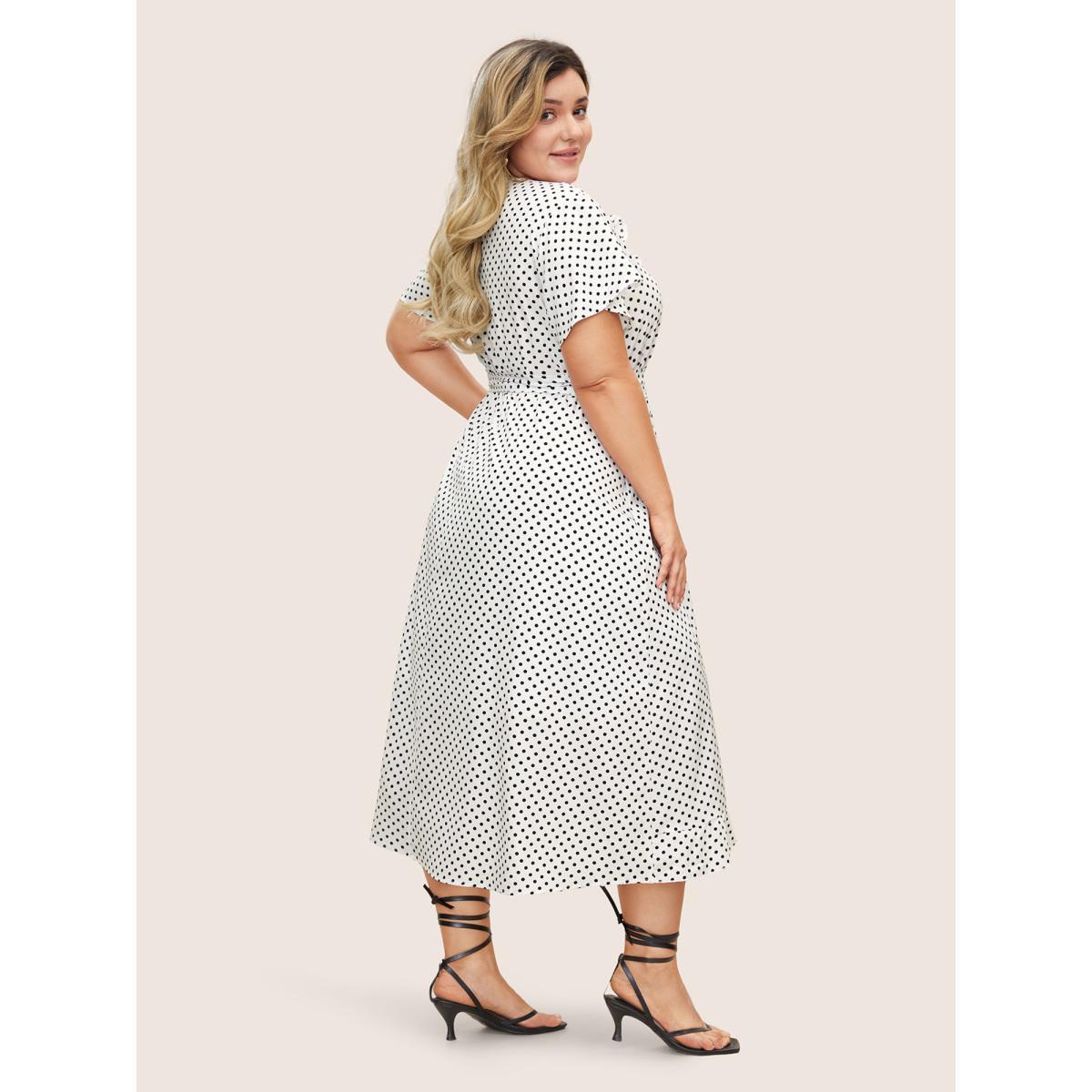 Plus Size Polka Dot Flutter Trim Belted Overlap Collar Dress White Women Elegant Non Overlap Collar Short sleeve Curvy Midi Dress BloomChic 28/5X Product Image