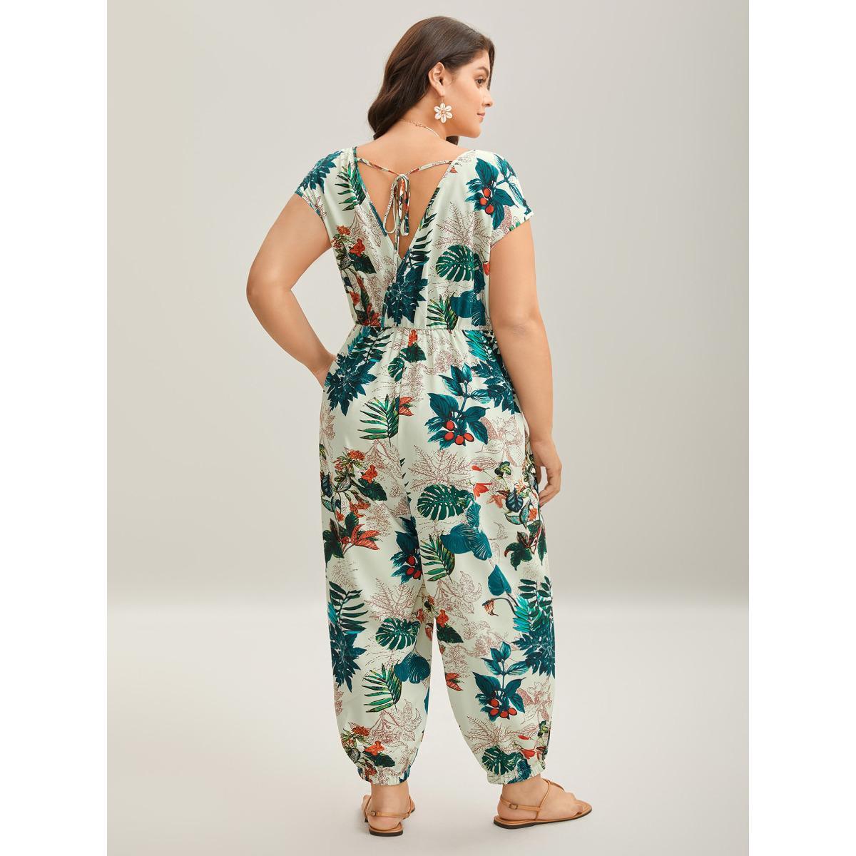 Plus Size Emerald Tropical Print Surplice Neck Back Tie Jumpsuit Women Cap Sleeve V-neck Vacation Loose Jumpsuits BloomChic 10/M Product Image