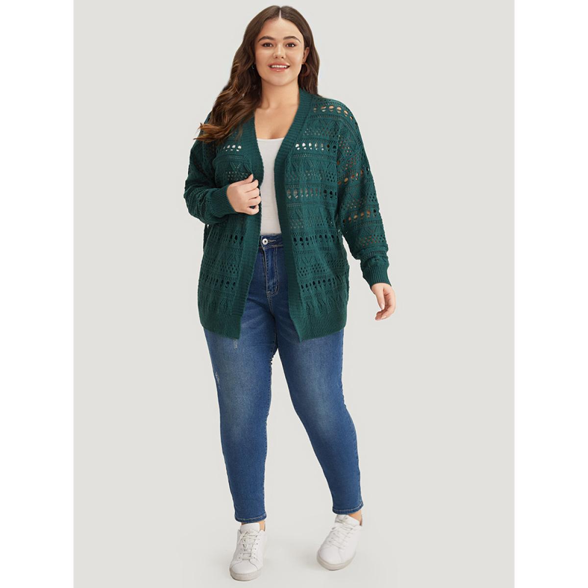 Plus Size Geometric Eyelet Open Front Loose Cardigan Cyan Women Casual Loose Long Sleeve Work Cardigans BloomChic 10/M Product Image