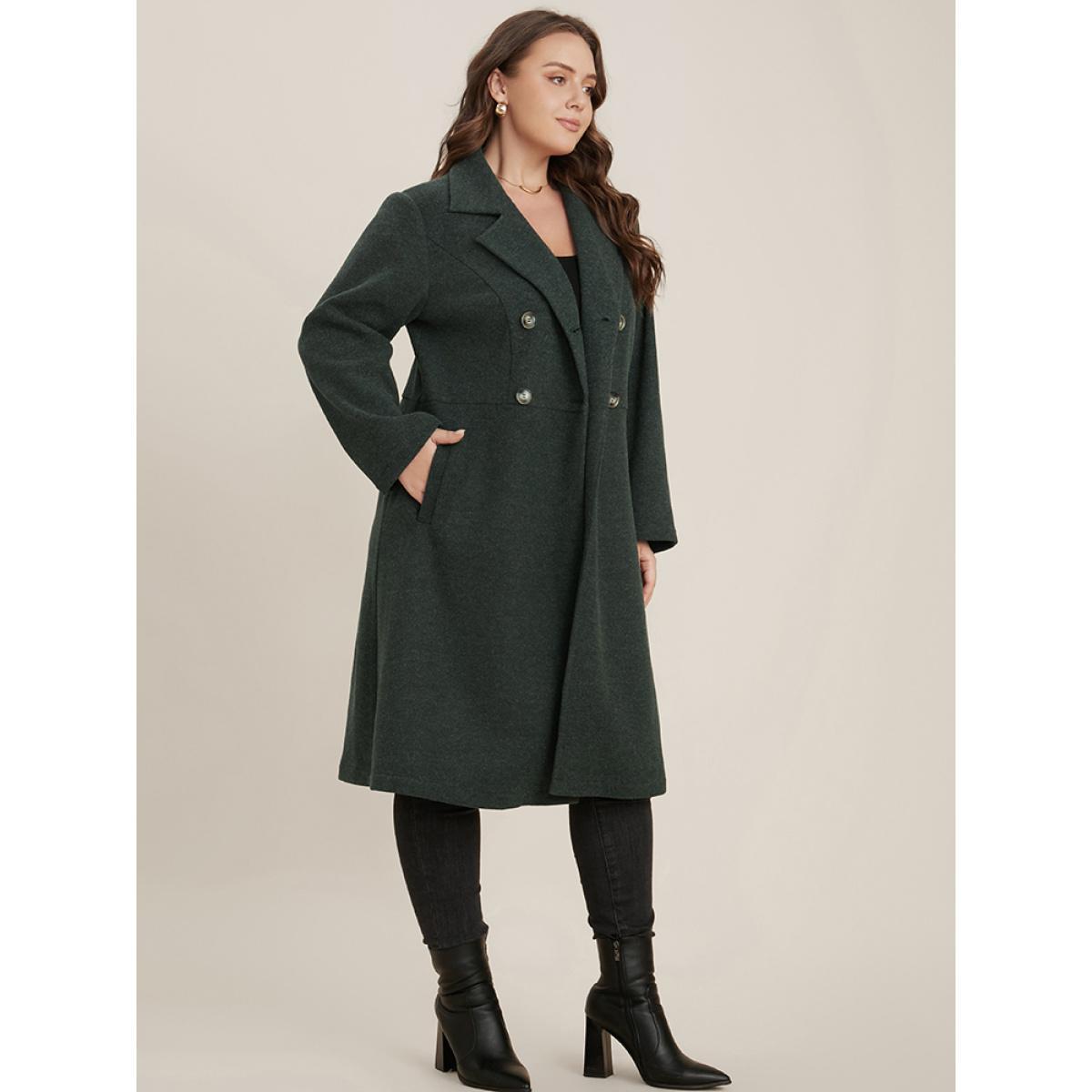 Plus Size Solid Pocket Double Breasted Heather Overlap Collar Coat Women DarkGreen Casual Plain Bodycon Ladies Dailywear Winter Coats BloomChic 28/5X Product Image
