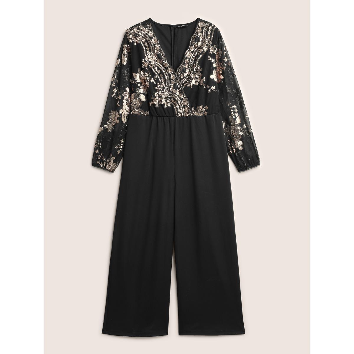 Plus Size Black Sequin Mesh Patchwork Wrap Belted Jumpsuit Women Cocktail Long Sleeve Overlap Collar Party Loose Jumpsuits BloomChic 28/5X Product Image
