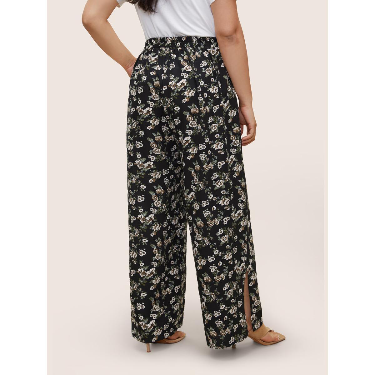 Plus Size Ditsy Floral Ties Split Hem Wide Leg Pants Women BlackFlower Resort Wide Leg High Rise Vacation Pants BloomChic 26/4X Product Image