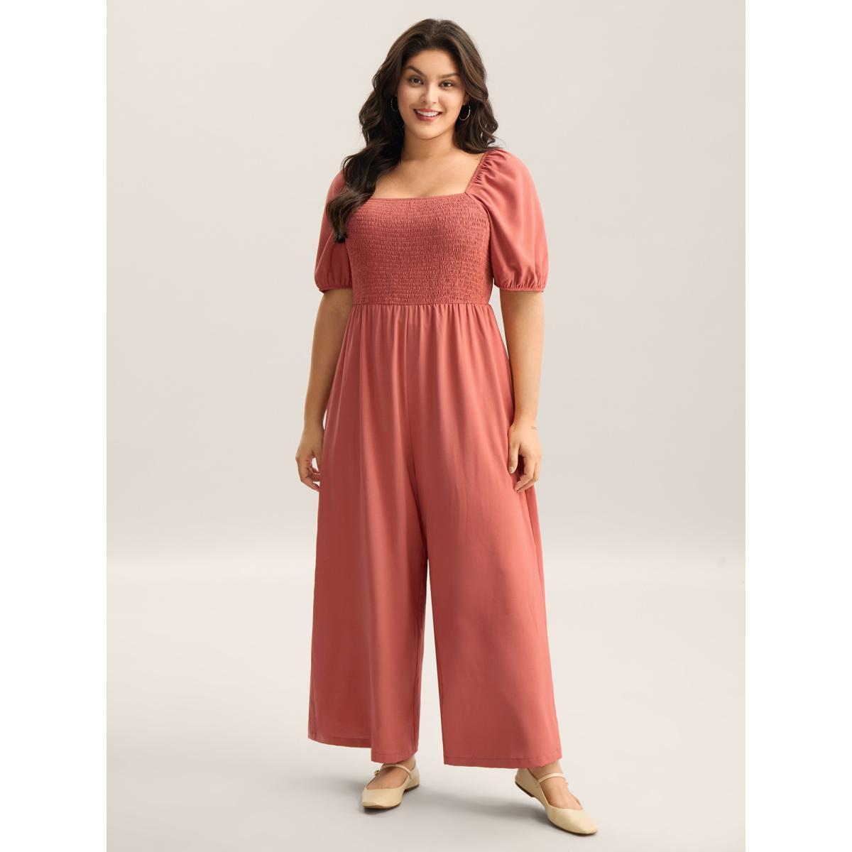 Plus Size Coral Shirred Puffy Sleeve Pockets Jumpsuit Women Short sleeve Square Neck Everyday-Casual Loose Jumpsuits BloomChic 26/4X Product Image