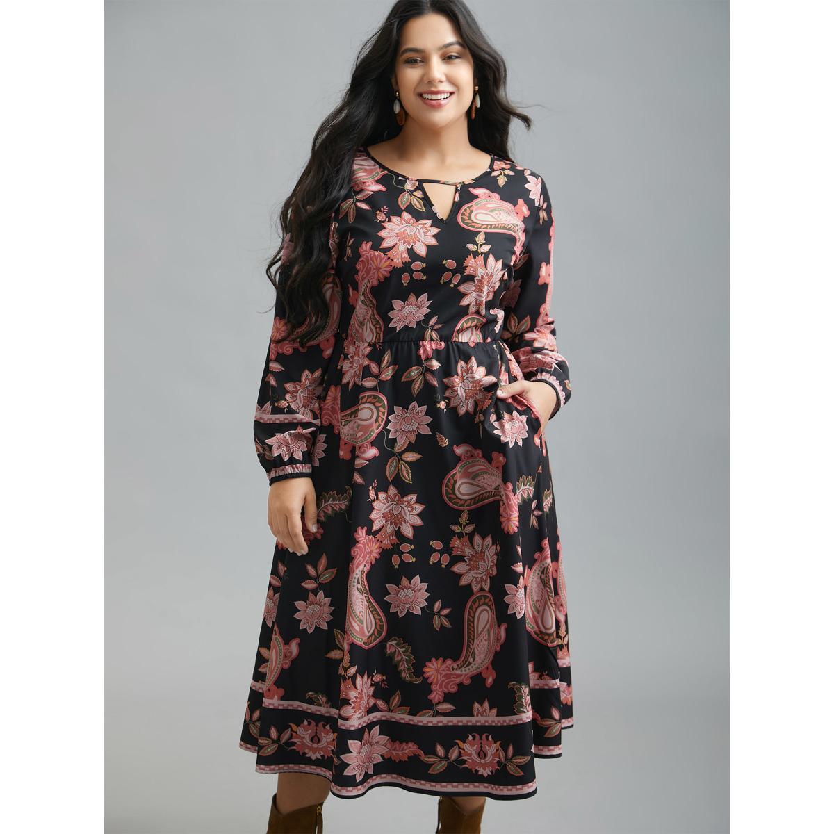 Plus Size Floral Boho Print Neck Cut-Out Dress Black Women Resort Cut-Out Notched collar Long Sleeve Curvy BloomChic 22-24/3X Product Image