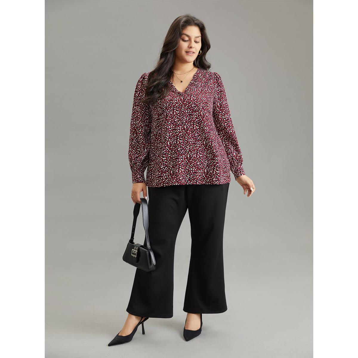 Plus Size Burgundy Allover Print V Neck Pleated Blouse Women Office Long Sleeve V-neck Work Blouses BloomChic 18-20/2X Product Image
