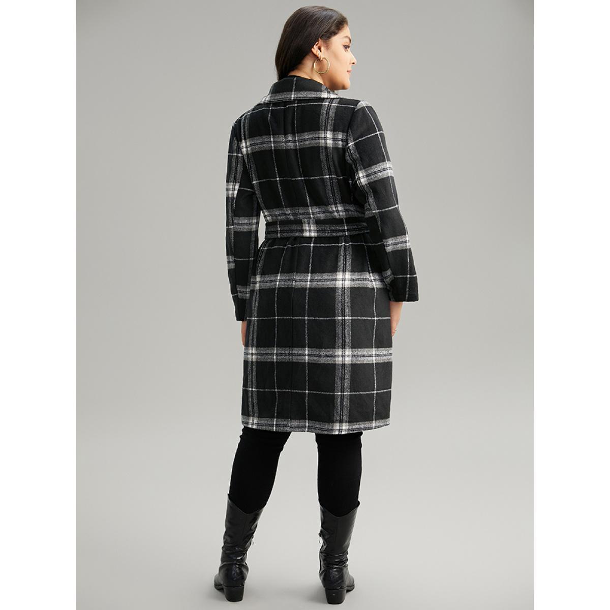 Plus Size Lapel Collar Plaid Belted Contrast Coat Women Black Casual Belted Ladies Dailywear Winter Coats BloomChic 26/4X Product Image