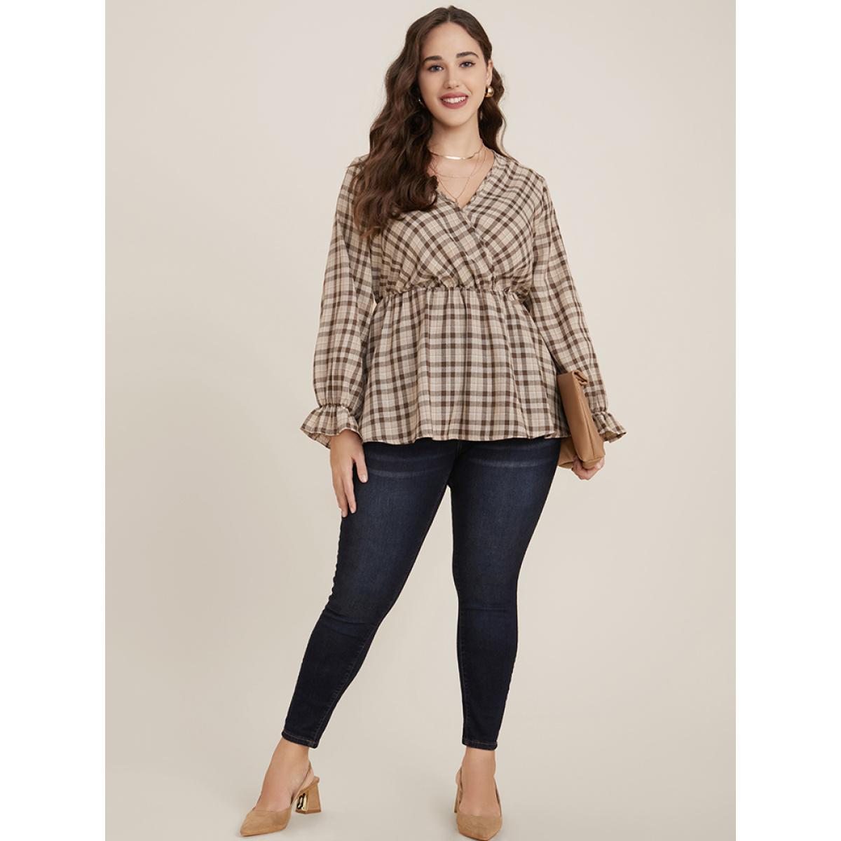 Plus Size LightBrown Plaid Lantern Sleeve Surplice Neck Blouse Women Elegant Long Sleeve V-neck Dailywear Blouses BloomChic 14-16/1X Product Image