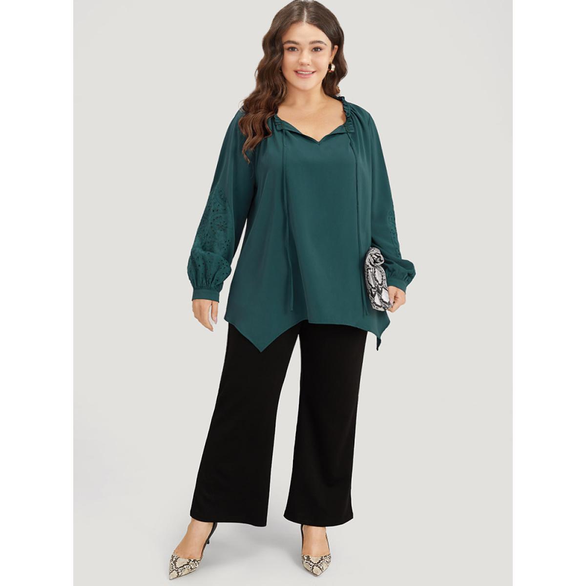 Plus Size DarkGreen Anti-Wrinkle Broderie Anglaise Knot Neck Frill Trim Lantern Sleeve Blouse Women Office Long Sleeve Tie Neck Work Blouses BloomChic 18-20/2X Product Image