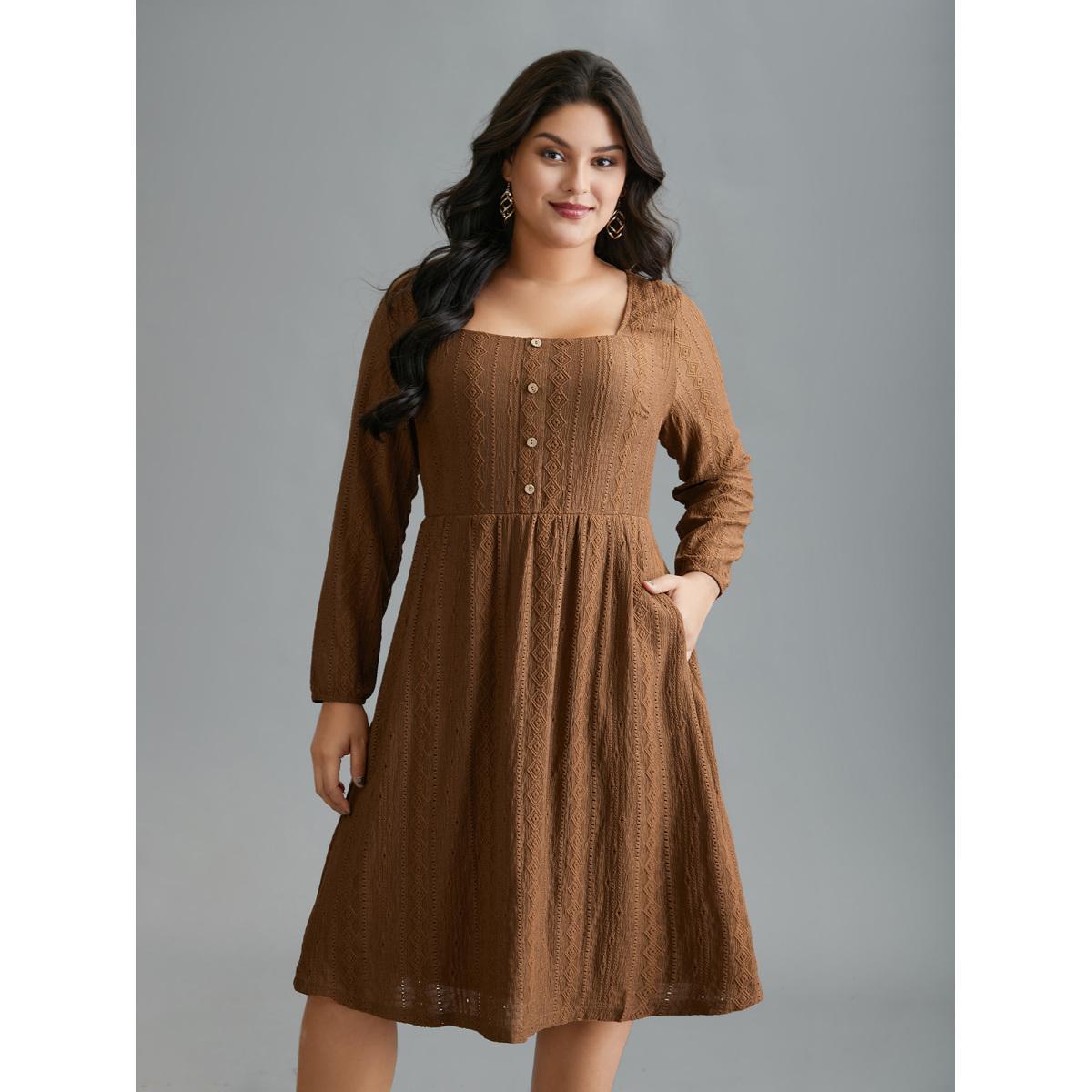 Plus Size Textured Button Detail Square Neck Knit Dress Browncoffeecolor Women Elegant Texture Knit Dresses Bloomchic 10/M Product Image