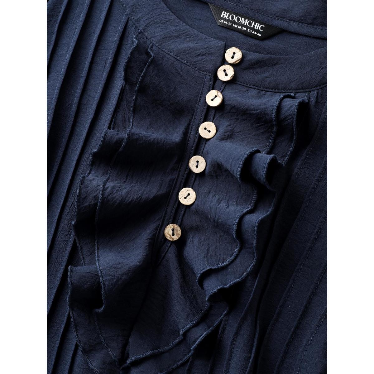 Plus Size Midnight Solid Ruffle Trim Toothpick Pleat Blouse Women Cap Sleeve Round Neck Vacation Blouses BloomChic 12/L Product Image
