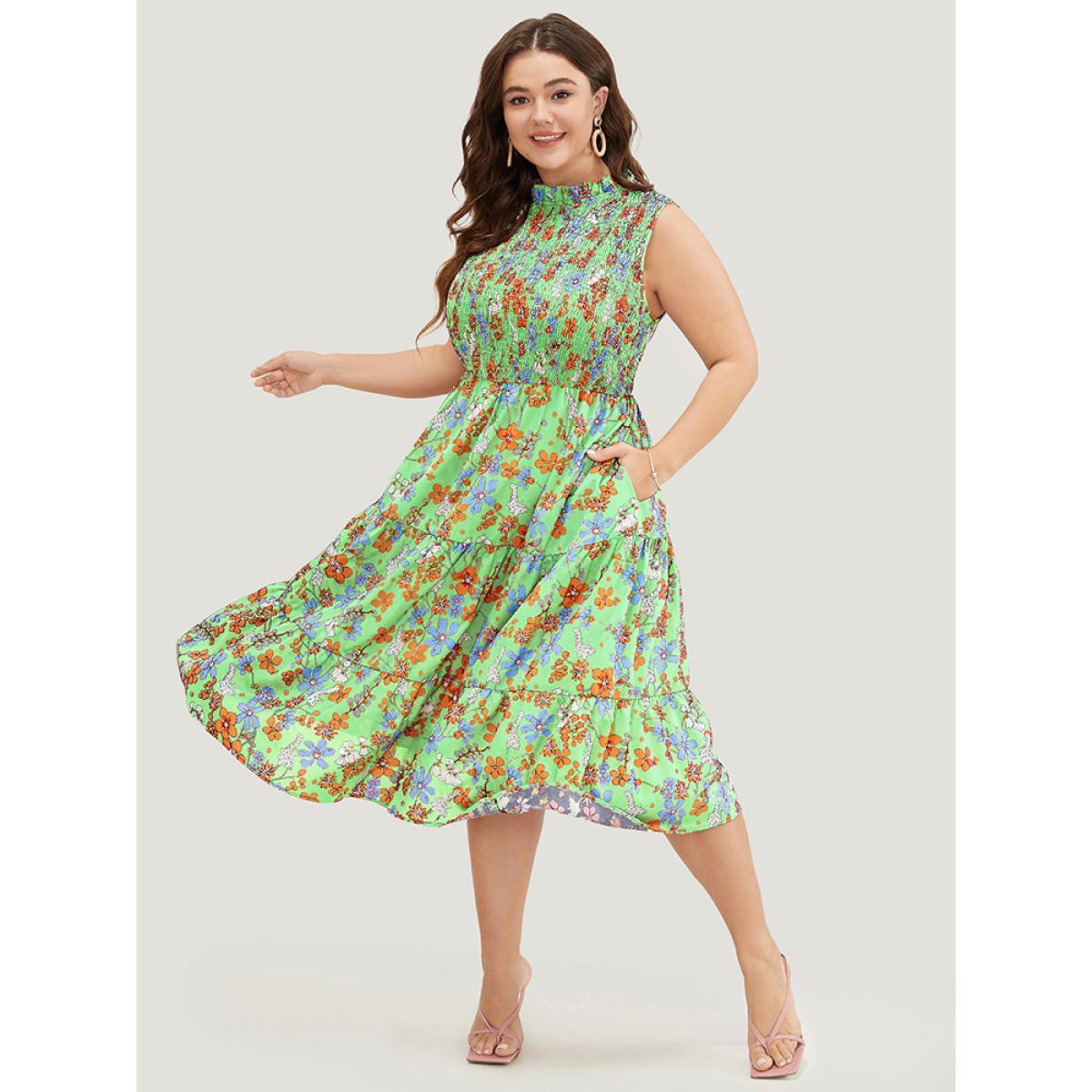 Plus Size Floral Shirred Mock Neck Cut Out Pocket Ruffle Hem Dress LightGreen Women Elegant Frill Trim Mock Neck Sleeveless Curvy Midi Dress BloomChic 10/M Product Image