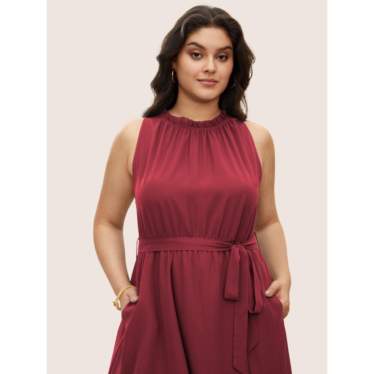Plus Size Plain Sleeveless Frill Trim Pocket Belted Mock Neck Dress Scarlet Women At the Office Pocket Mock Neck Sleeveless Curvy Midi Dress BloomChic 26/4X Product Image