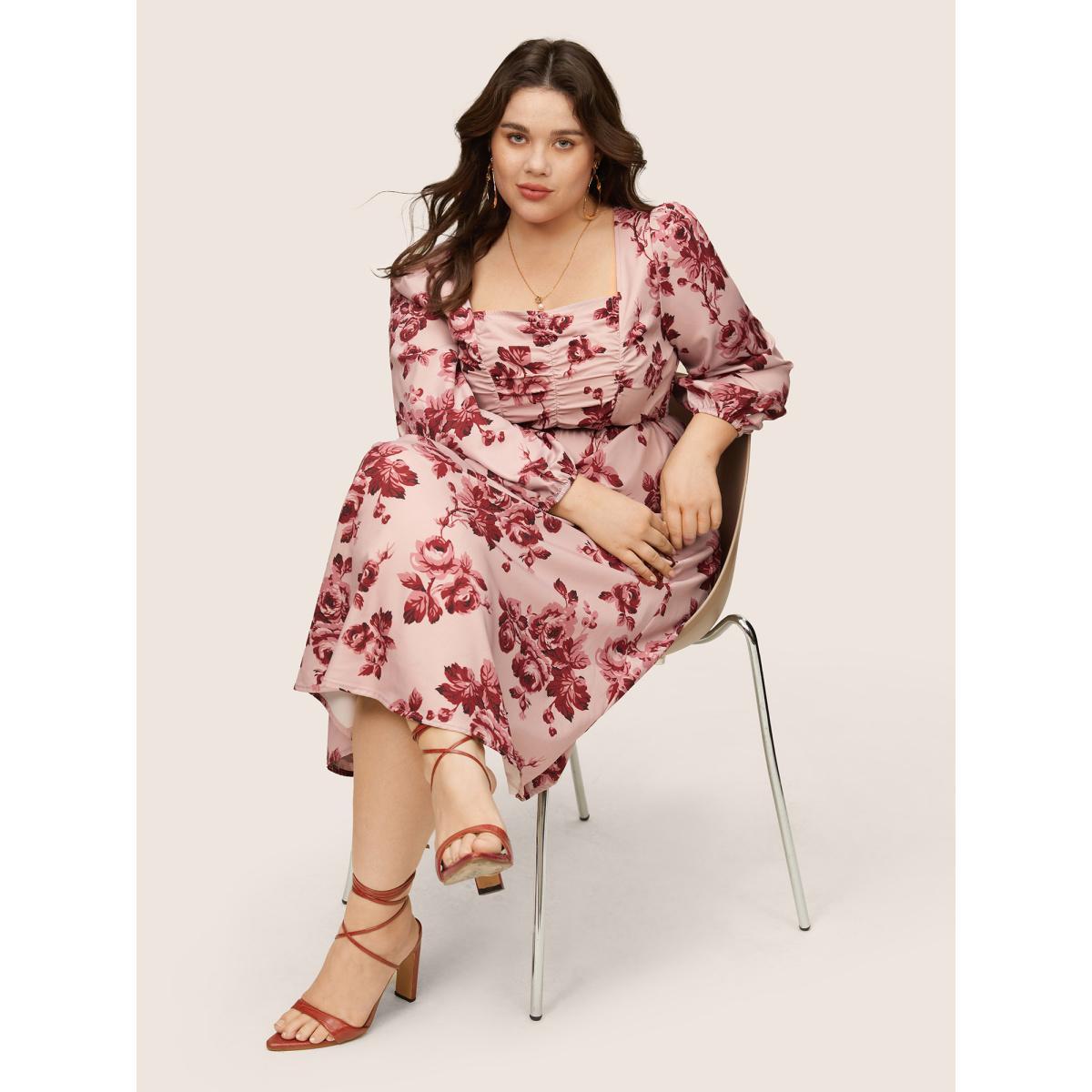 Plus Size Floral Ruched Square Neck Lantern Sleeve Dress DustyPink Women Elegant Non Square Neck Long Sleeve Curvy Midi Dress BloomChic 26/4X Product Image