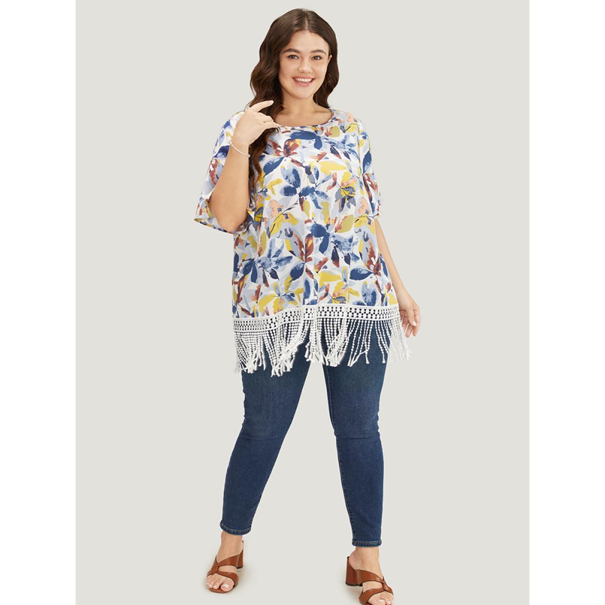 Plus Size Stone Plant Print Ruffle Sleeve Lace Fringe Hem Blouse Women Elegant Short sleeve Round Neck Dailywear Blouses BloomChic 12/L Product Image