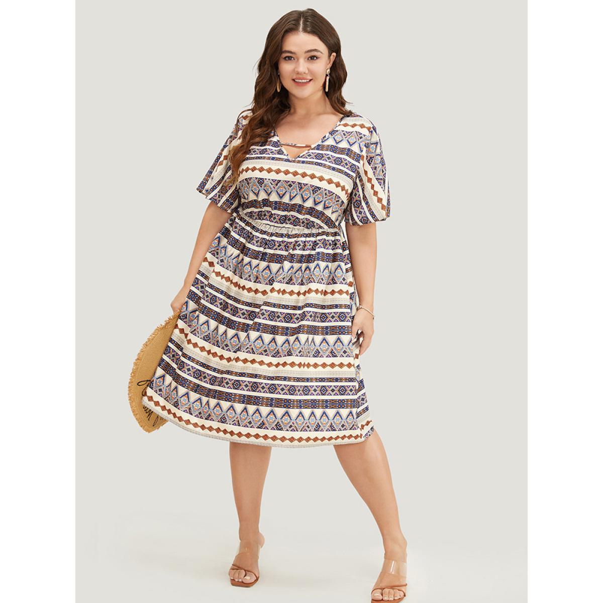 Plus Size Bandana Print Pocket Ruffle Keyhole Knee Dress Multicolor Women Vacation Keyhole V-neck Short sleeve Curvy Knee Dress BloomChic 10/M Product Image