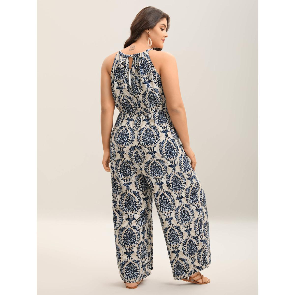Plus Size DarkBlue Rayon Damask Print Stretchy Waist Jumpsuit Women Sleeveless Halter neck Vacation Loose Jumpsuits BloomChic 12/L Product Image