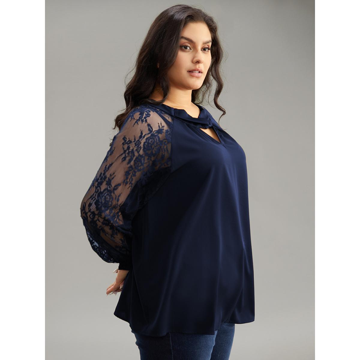 Plus Size Indigo Anti-Wrinkle Crochet Lace Mesh Keyhole Blouse Women Office Long Sleeve Keyhole Cut-Out Work Blouses BloomChic 22-24/3X Product Image