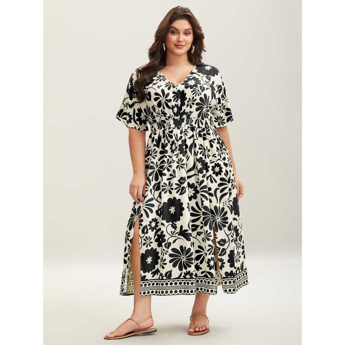 Plus Size Large Floral Print Pockets Midi Dress BlackFlower Women Slit V-neck Short sleeve Curvy BloomChic 12/L Product Image