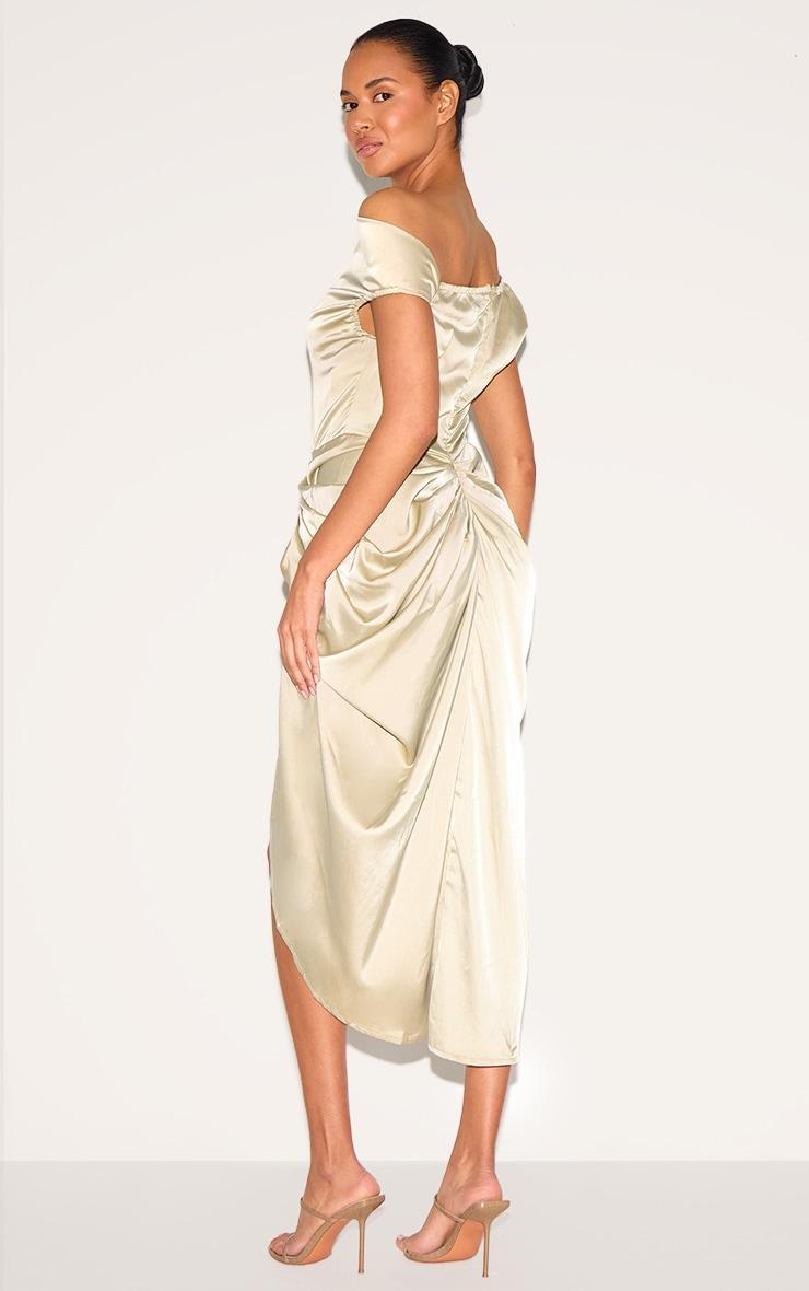 Sage Green Satin Off The Shoulder Draped Skirt Midi Dress Product Image