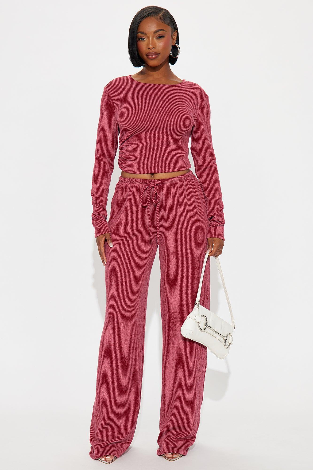 Julissa Ribbed Pant Set - Burgundy Product Image