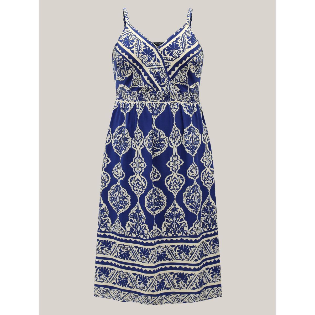 Plus Size Boho Print Shirred Pockets Midi Dress DarkBlue Women V-neck Sleeveless Curvy BloomChic 30/6X Product Image