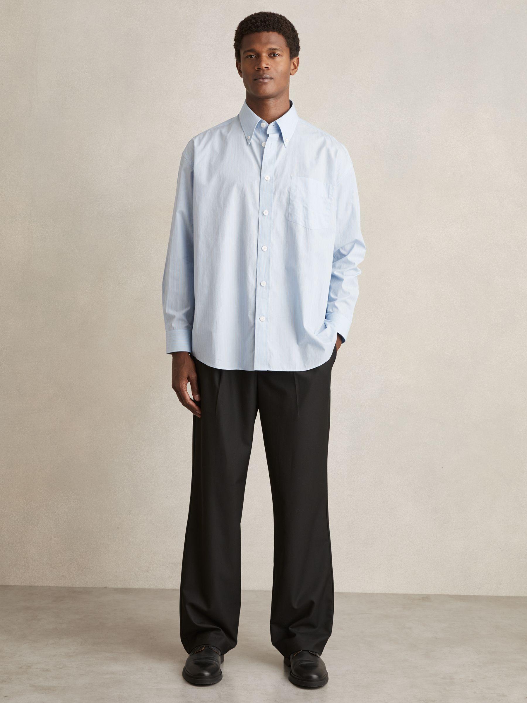 Oversized Poplin Stripe 100% Cotton Shirt in Soft Blue/White Product Image