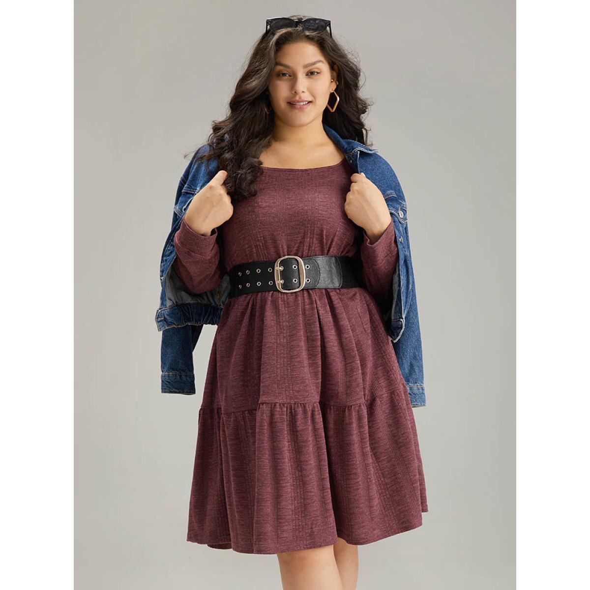 Plus Size Plain Square Neck Texture Gathered Dress Maroon Women Casual Texture Square Neck Long Sleeve Curvy Midi Dress BloomChic 30/6X Product Image