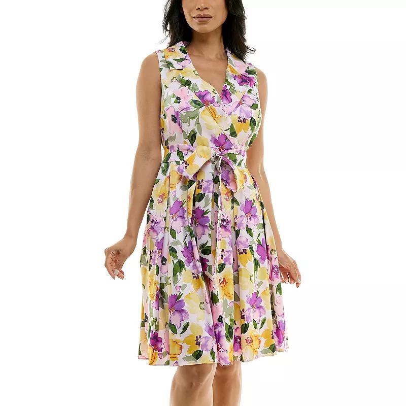 Women's Nina Leonard Floral Print Tie Waist Collared Sleeveless Fit & Flare Dress, Size: 14, Pink Team Product Image
