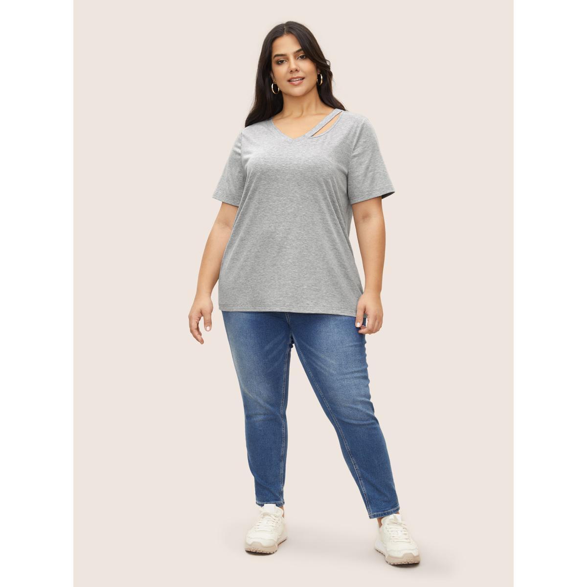 Plus Size V Neck Solid Heather Cut Out T-shirt Gray Women Casual Cut-Out V-neck Everyday T-shirts BloomChic 30/6X Product Image
