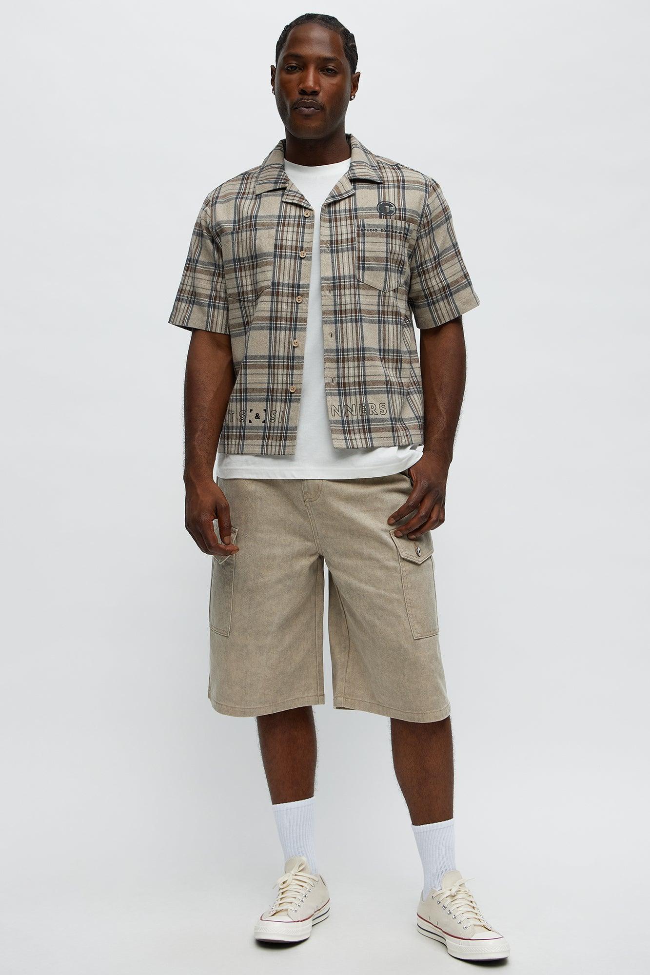 Culture Plaid Cropped Button Up Shirt - Sand Product Image