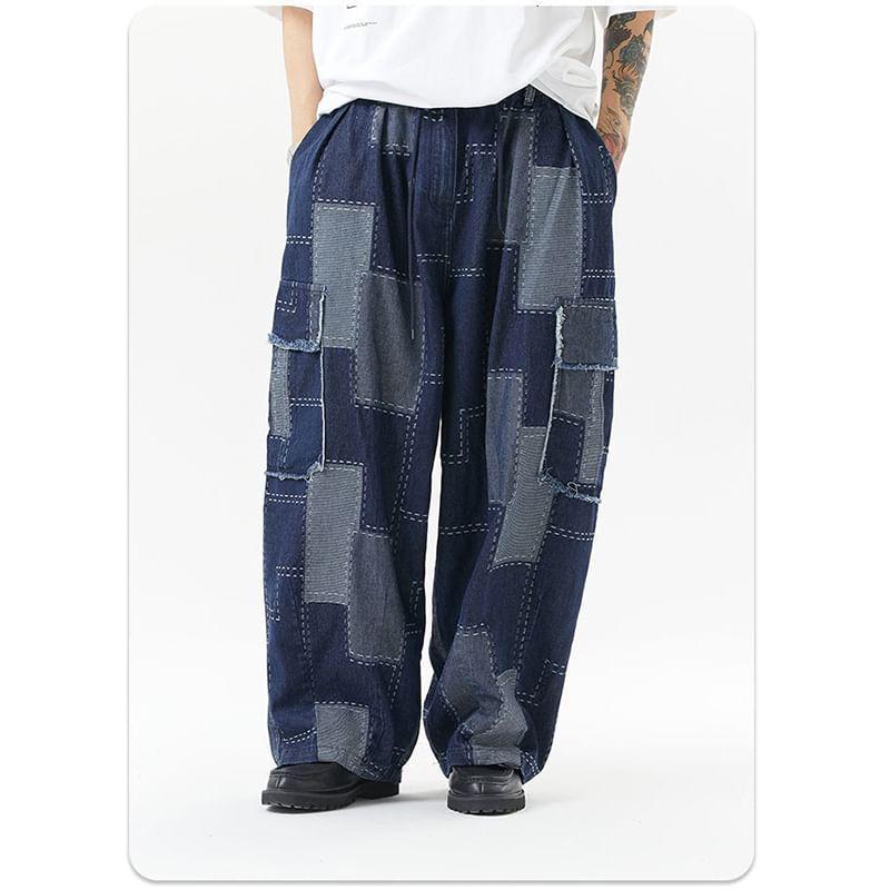 Low Rise Patchwork Frayed Wide Leg Cargo Jeans Product Image