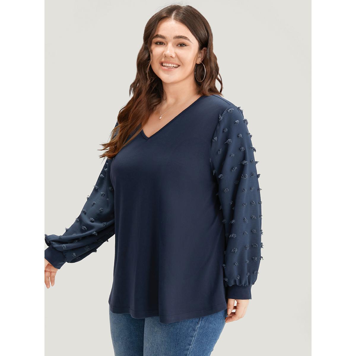 Plus Size Solid V Neck Patchwork Elastic Cuffs Sweatshirt Women Blue Elegant Elastic cuffs V-neck Dailywear Sweatshirts BloomChic 14-16/1X Product Image