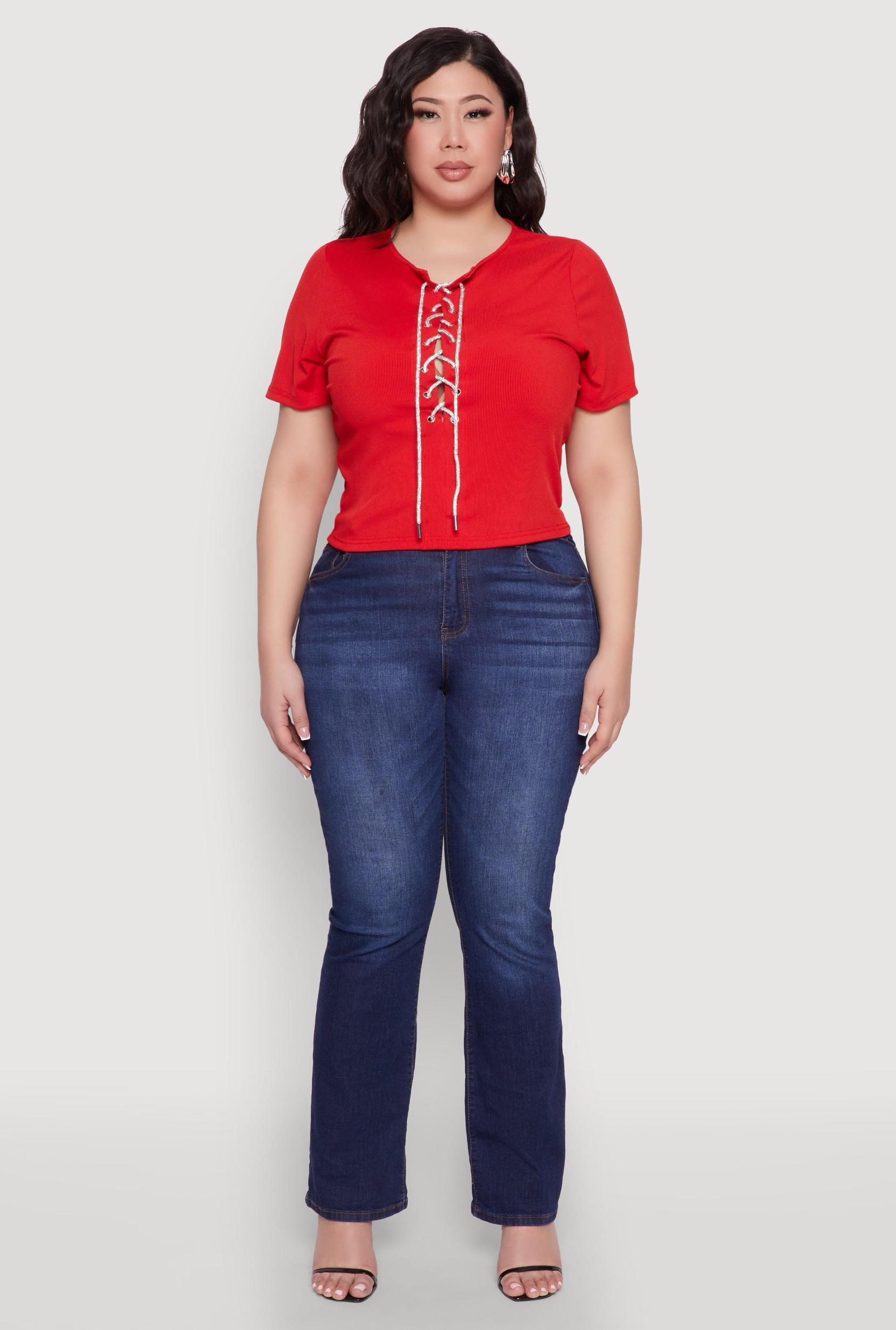 Womens Plus Size Rhinestone Lace Up Short Sleeve Top Product Image