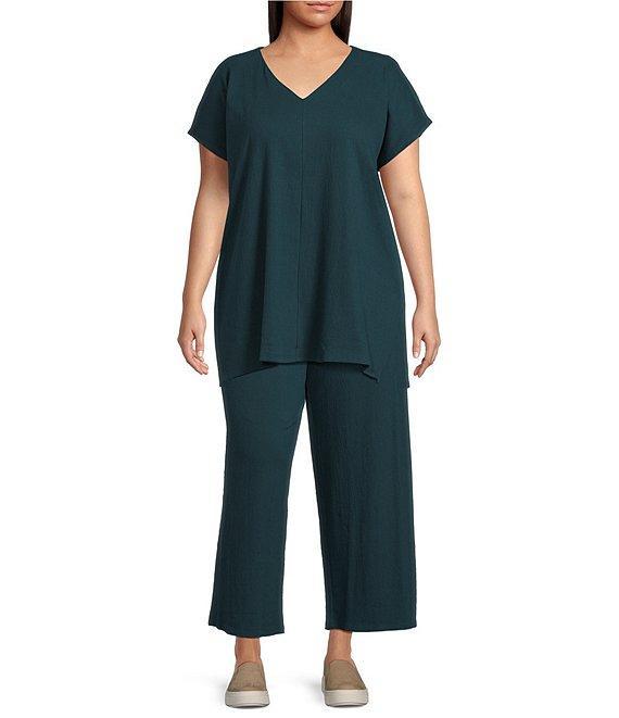 Eileen Fisher Plus Size Crinkle Knit Jersey Wide Leg Pull-On Pants Product Image