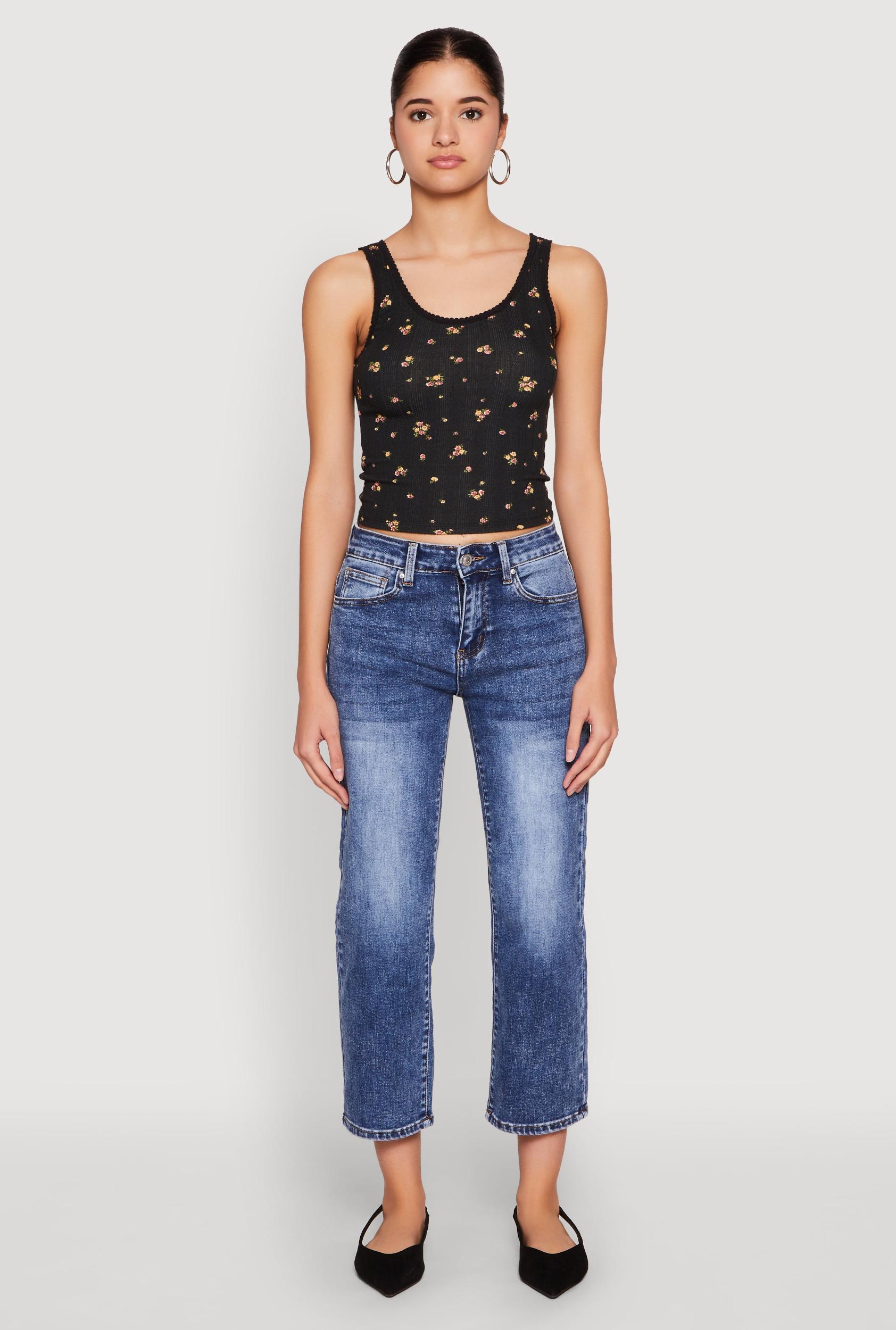 Womens Ribbed Knit Floral Print Tank Top Product Image