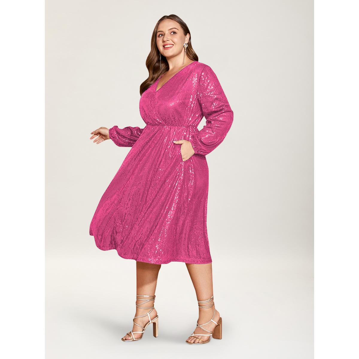 Plus Size Solid Pocket Lantern Sleeve Wrap Sequin Dress Peach Women Party Pocket Overlap Collar Long Sleeve Curvy Midi Dress BloomChic 14-16/1X Product Image