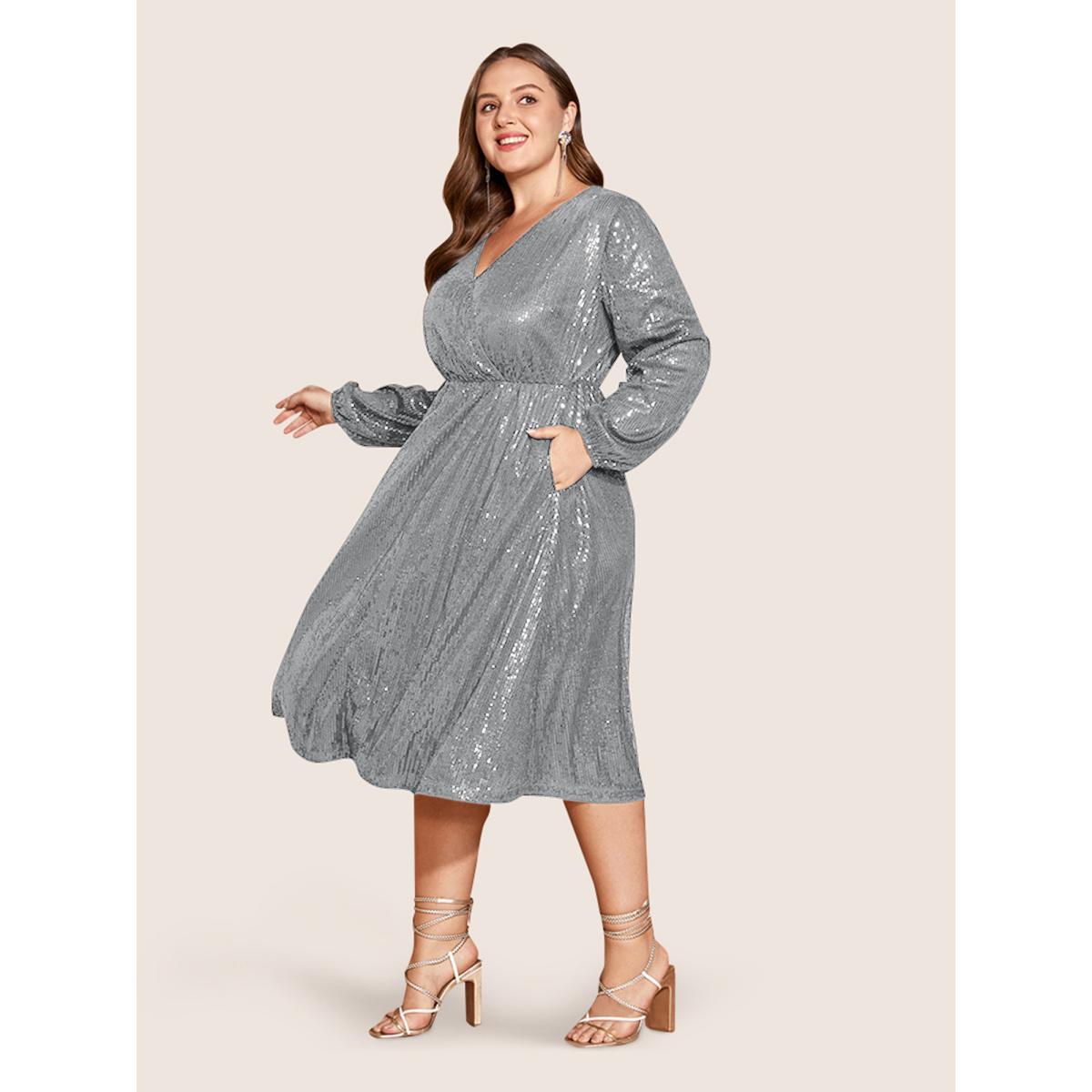 Plus Size Solid Pocket Lantern Sleeve Wrap Sequin Dress LightGray Women Party Pocket Overlap Collar Long Sleeve Curvy Midi Dress BloomChic 30/6X Product Image