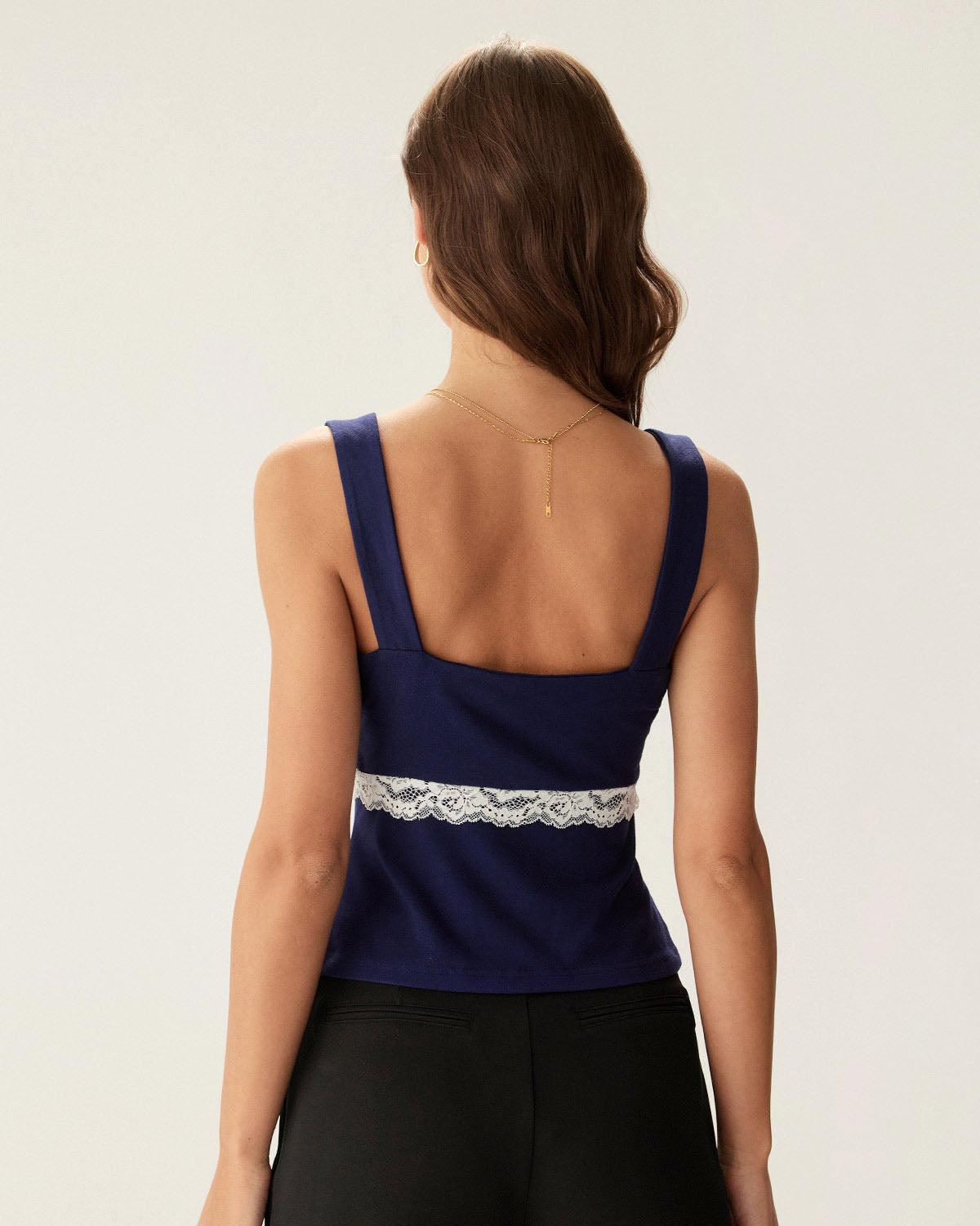 Navy Lace Square Neck Cami Top Product Image