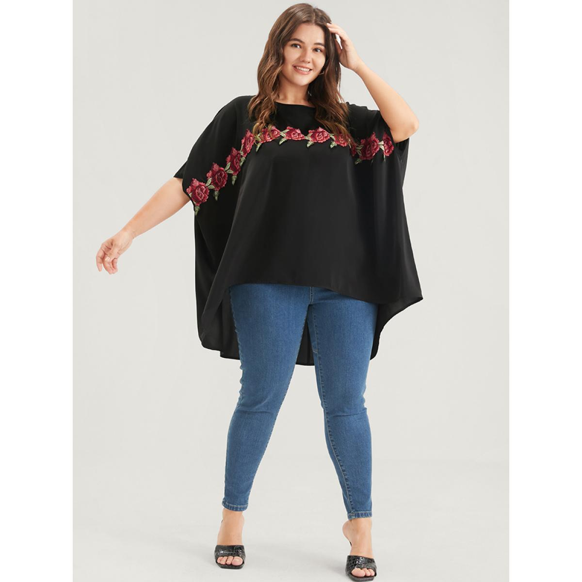 Plus Size Black Plain Ruffles Asymmetrical Hem Dolman Sleeve Embroidered Blouse Women Casual Half Sleeve Round Neck Dailywear Blouses BloomChic 18-20/2X Product Image