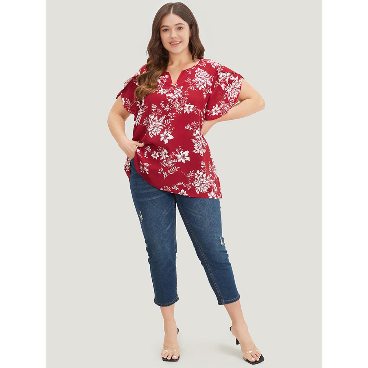Plus Size Scarlet Silhouette Floral Print Notched Petal Sleeve Blouse Women Elegant Short sleeve Notched collar Dailywear Blouses BloomChic 10/M Product Image