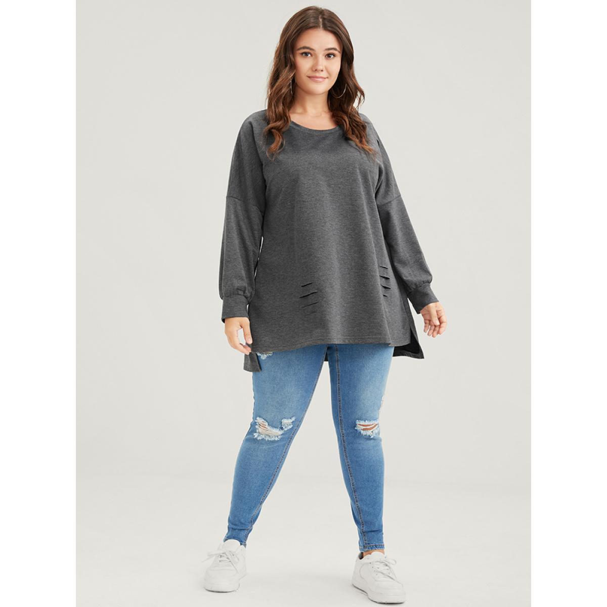 Plus Size Solid Asymmetrical Hem Distressed Drop Shoulder Sweatshirt Women DimGray Casual Plain Round Neck Dailywear Sweatshirts BloomChic 28/5X Product Image
