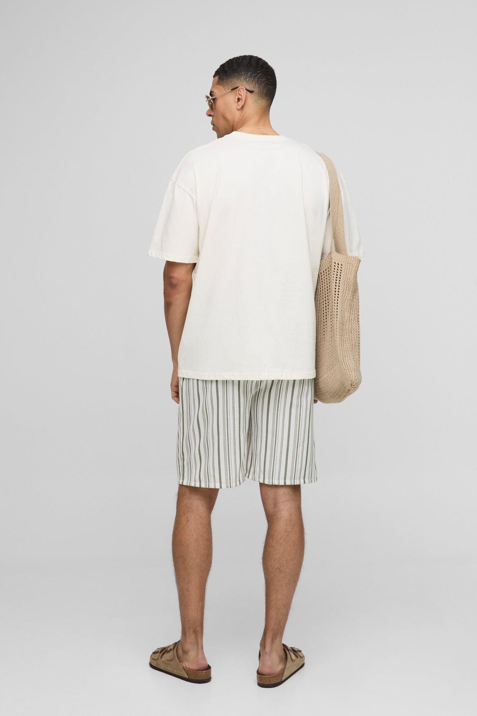 Elasticated Waist Relaxed Short Length Striped Linen Look Shorts | boohooMAN USA Product Image