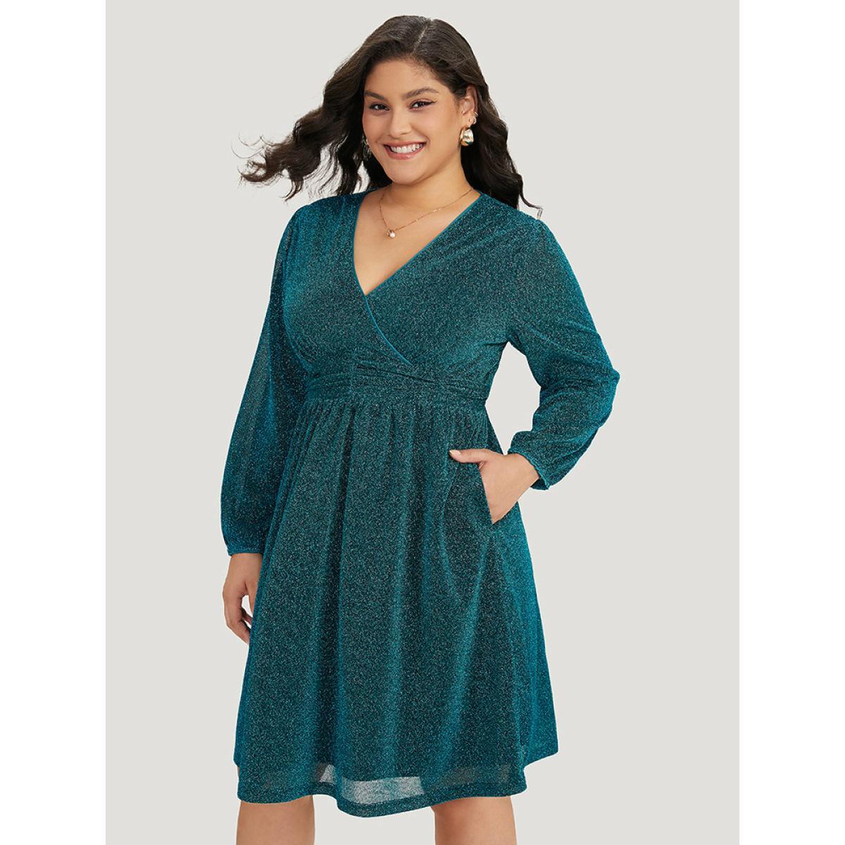 Plus Size Glitter Overlap Collar Pocket Ruched Dress Teal Women Elegant Elastic cuffs V-neck Long Sleeve Curvy Midi Dress BloomChic 28/5X Product Image