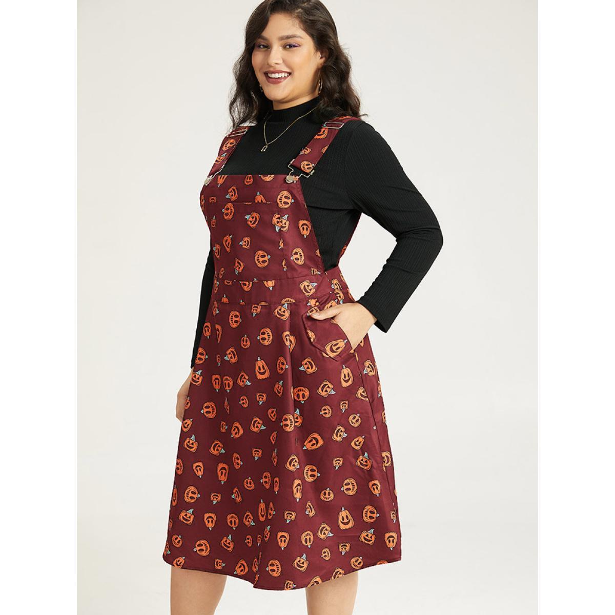 Plus Size Halloween Pocket Pumpkin Print Overall Cami Dress Purple Women Casual Adjustable Straps Spaghetti Strap Sleeveless Curvy Midi Dress BloomChic 30/6X Product Image