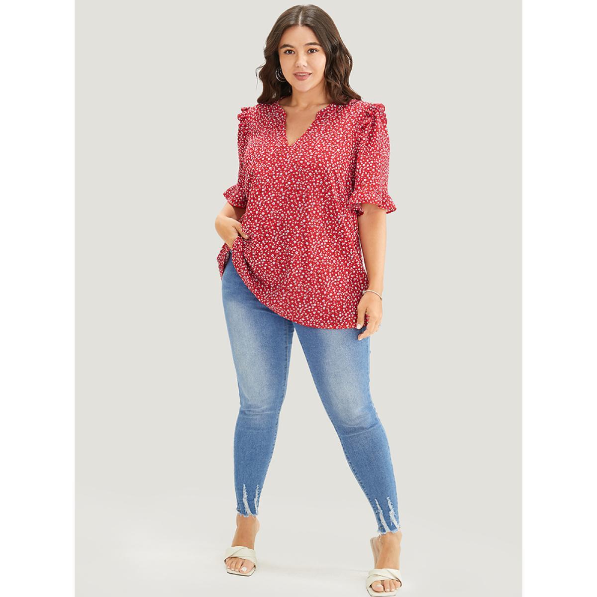 Plus Size Raspberry Ditsy Floral Frill Trim Ruffle Sleeve Notched Neck Blouse Women Elegant Short sleeve V-neck Dailywear Blouses BloomChic 28/5X Product Image